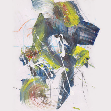 This artwork is a abstract painting with brush effect style with mixed dark blue, green and yellow colorの写真素材