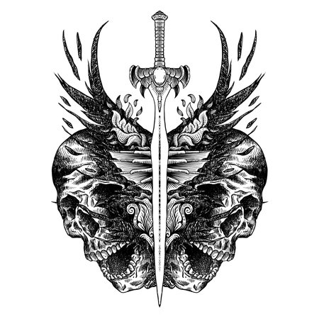 This artwork illustrasion about skull sword and crows wings, with handrawn sketch styleの写真素材