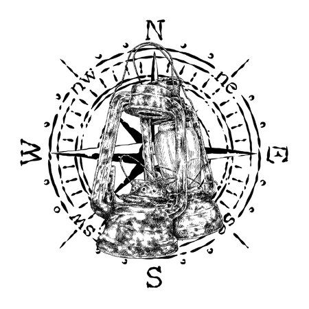This artwork illustrasion about compass and oil lamp, with handrawn sketch styleの写真素材