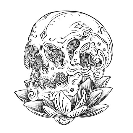 This artwork illustrasion about lotus and skull, with handrawn line art styleの写真素材