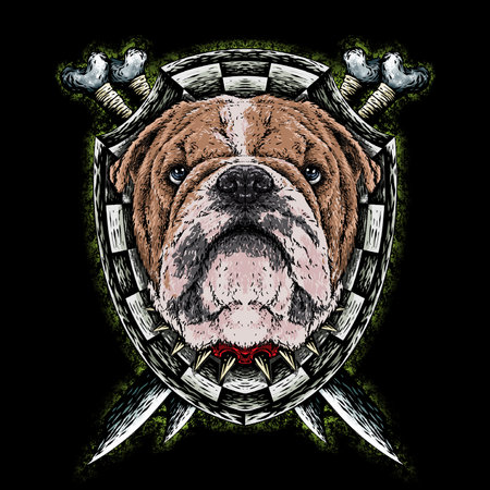 This artwork illustration about bulldog and wood background, with handrawn line art styleの写真素材
