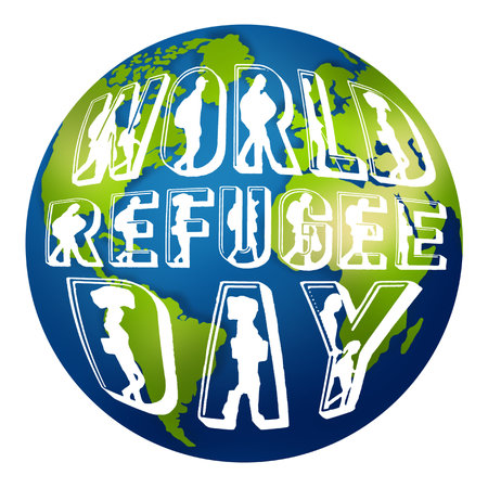 This artwork illustrasion about world refugee day, with lettering art style and globe effectの写真素材