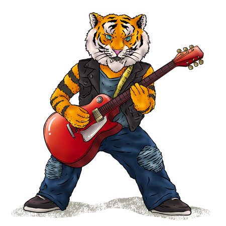 Illustration of artwork of a Tiger rockstar musician playing guitar, with an imaginative cartoon art style.の写真素材