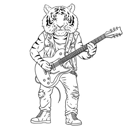 Illustration Line Art of artwork of Tiger rockstar musician playing guitar, with imaginative cartoon art style.の写真素材