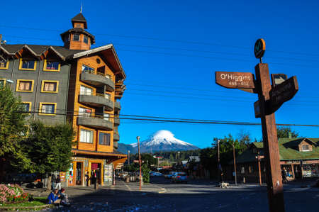 Downtown Pucon with Villarrica Volcano, Pucon, Chile.のeditorial素材