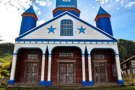 Gorgeous Colored and Wooden Churches, Chiloe Island, Chile.の写真素材