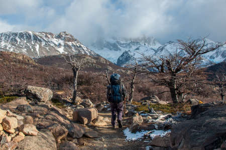 Trekker in Fitz Roy trail, South Argentina.の写真素材