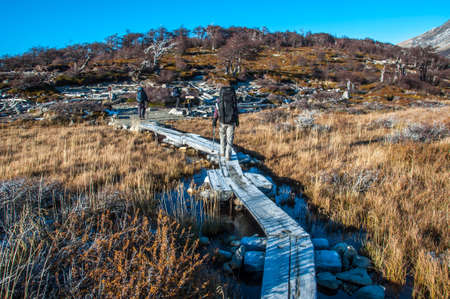 Trekkers in Fitz Roy trail, South Argentina.の写真素材