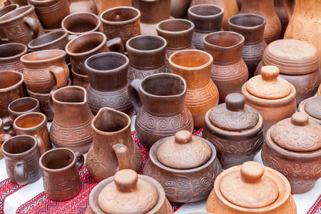 Ukrainian traditional handmade ceramic on decorative towel の写真素材