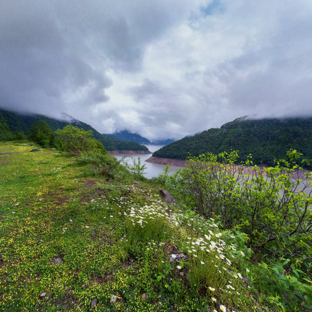River in the mountains. Summer mountain landscape with fog and river in Georgiaの写真素材