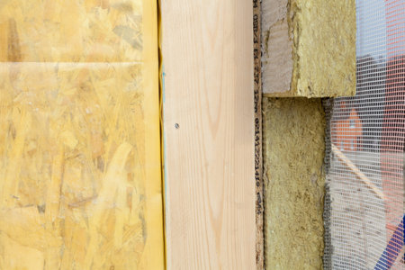 Closeup of  structural Insulated Panels with mineral rockwool  insulation and Drywall
