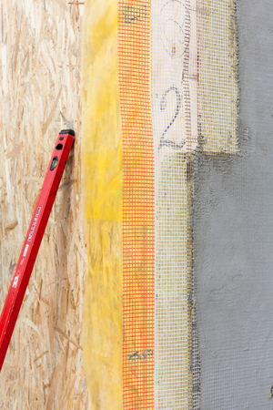 Closeup of  structural Insulated Panels with mineral rockwool  insulation and Drywallの写真素材