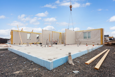 Building the energy efficient house. Structural insulated panels with plastic tubes in foundationの写真素材