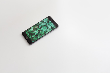 Mobile phone with green leaves on screen on white backgroundの写真素材