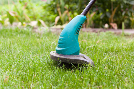 Gasoline lawn trimmer mows juicy green grass on a lawn on a sunny summer day. Garden equipmentの写真素材