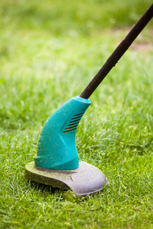 Gasoline lawn trimmer mows juicy green grass on a lawn on a sunny summer day. Garden equipmentの写真素材