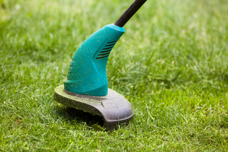 Gasoline lawn trimmer mows juicy green grass on a lawn on a sunny summer day. Garden equipmentの写真素材