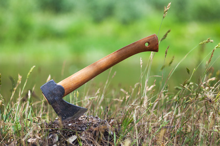The axe in the tree. Tourist camp. Chopping wood in the forest in detailsの写真素材