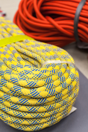 Bay of multicolored climbing rope for climbingの写真素材