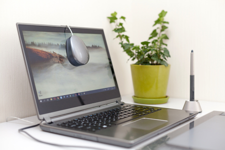 Workspace with calibrator or profiler attached to laptop's display to get accurate colors.の写真素材