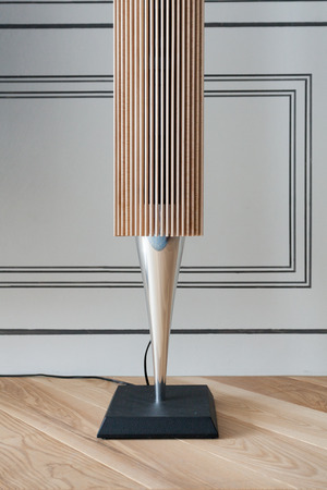 New modern musical columns made of wood and metal as a source of pure sound in sunshineの写真素材