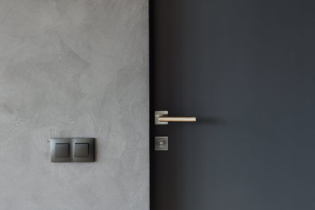 Light switch on the gray textured wall next to the door with metallic handle