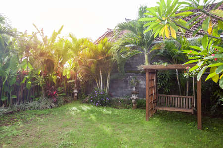 Wooden swing on the small green backyardの写真素材