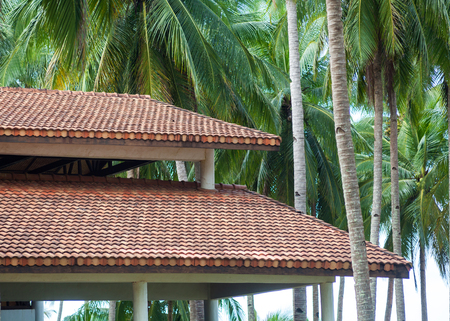Modern wooden house with red clay tile roof against the background of palm trees. Roofing Construction. Building attic house construction with different types of roof designs.の写真素材