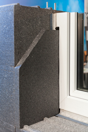 Polystyrene blocks or expanded eps bricks with plastic windowの写真素材