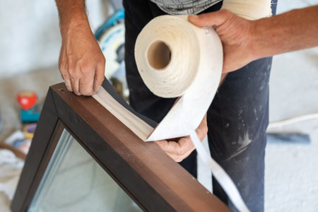 Cropped close up photo of two adult laborer man improvement window frame using protective and...