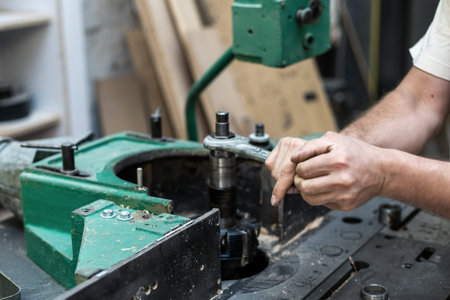 Hobby wood concept. Cropped photo of maintenance tradesman spin element of woodworking machine...