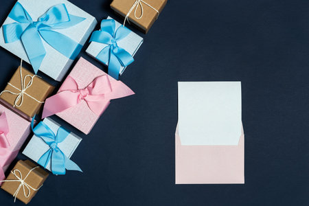 Easy shopping with sale and discount! Flat lay and high angle above top view envelope and group of...