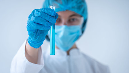 Panoramic view and selective focus of scientist woman in lab uniform making laboratory experiment,...