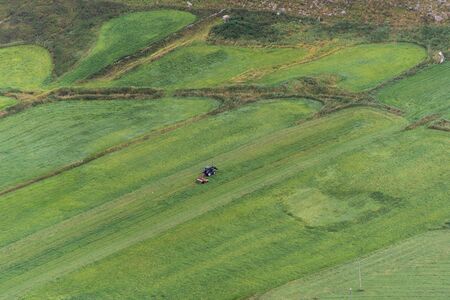 Agricultural harvest concept. High angle view of farm with green meadow landscape and tractor on fieldの写真素材