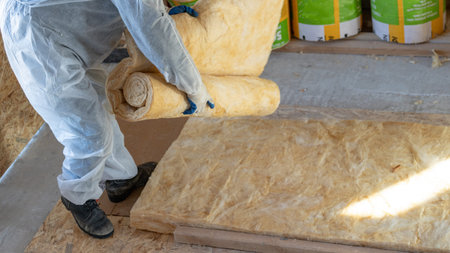Cropped view of one professional workman in overalls working with rockwool insulation material,...