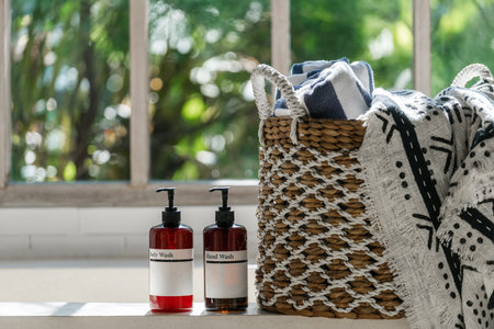 Large towels in wicker basket standing near two bottle of body care cosmetic products on bathtub top...
