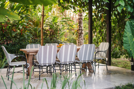 Outdoors cafe with empty dining room table and wicker chairs against natural background at sunny...