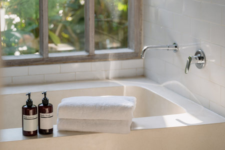 Two bottle of body wash lotion and shower gel on top of white ceramic bathtub in bright bathroom against window with natural plantsの写真素材