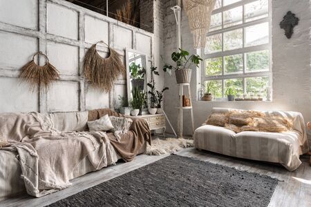 Side view of living room with stylish interior design, couch, cushions, textile plaid, house decor and houseplants in flowerpots near mirror on commodeの写真素材