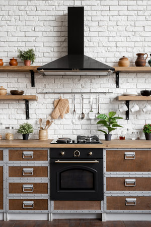 Gas stove, built in oven equipment, cooking hood, kitchenware supplies, green houseplant decor and...