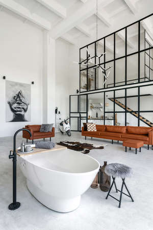 Vertical photo of room at modern house with bright bathroom and cozy living room, white comfortable bath, couch and house decor on backgroundの写真素材