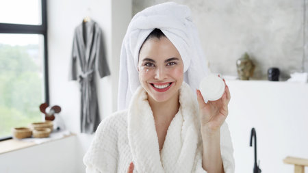 Concept of skincare, anti aging and beauty procedure. Portrait of happy young female in white...