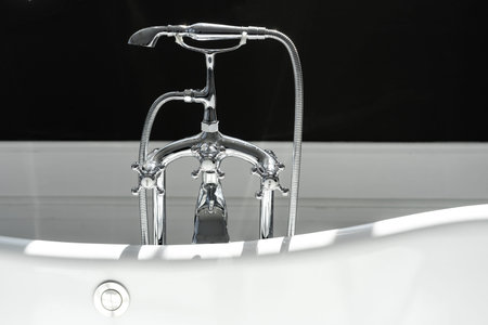 Bathroom advertising concept. Close up view of element contemporary interior design in house with...