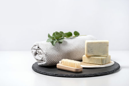 Concept of plastic free and bio decomposable objects. Nail brush, luffa sponge, solid soap, towel and eucalyptus plant on black plate stand against white copy space backgroundの写真素材