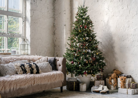 Cozy apartment in loft style with comfort couch near decorated new year tree and presents in bright...