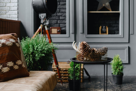 Pinecone on coffee table against evergreen houseplants. Hygge living room with stylish interior design, cushions on comfort sofa and home decor in fancy apartmentの写真素材