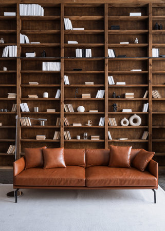 University library, knowledge, education and study concept. Vertical view of comfort couch in living...