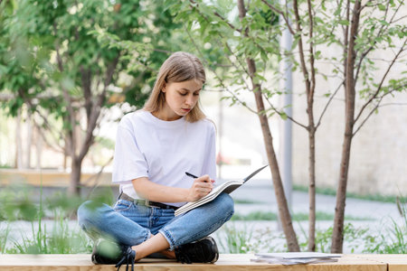 Education concept. Full length view of adult student girl making exercise task for university and academic classes, writing homework in copybooks, sitting near campus in parkの写真素材