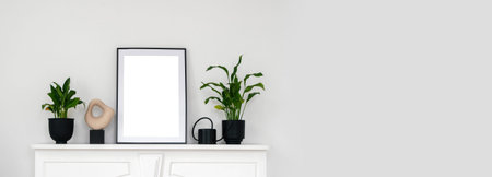 Panoramic view of house plants, watering can for flowers, picture frame and vase standing on shelf...