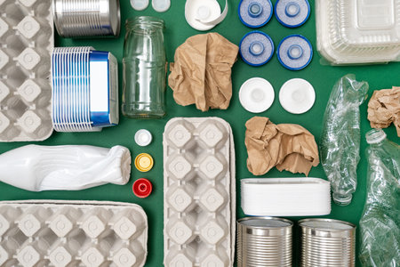 Importance of recycling. Different types of garbage as aluminum, paper, glass, plastics on green...